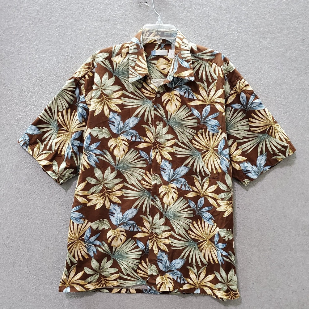 Half Moon Bay Men Button Up Shirt XL Brown Hawaiian Tropical Leaves Short Sleeve